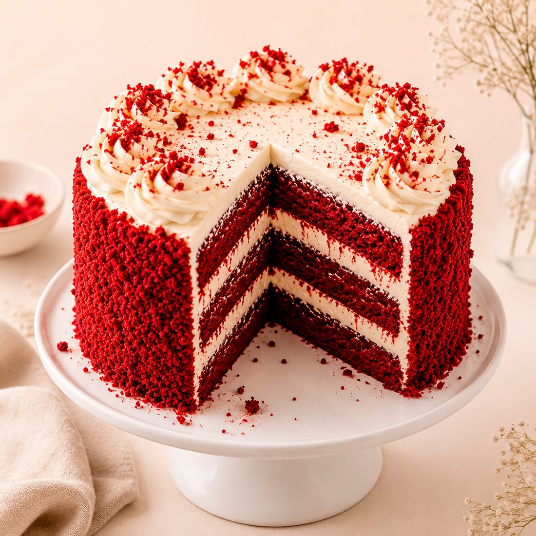 Pastel del día en Divas Lash Café: red velvet sobre base de cerámica, luz cálida
